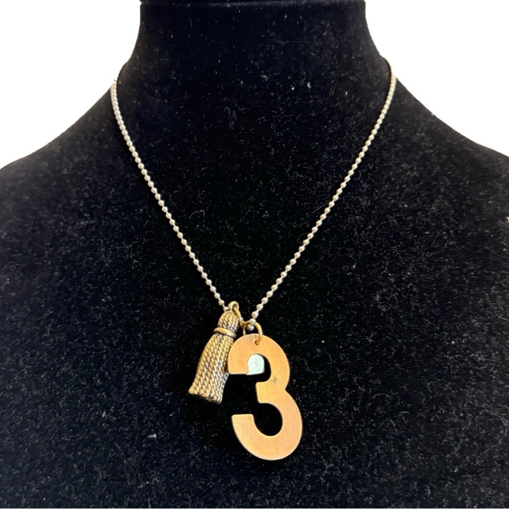 John Wind Silver and Bronze Tone Number "3" Metal Tassel Necklace Stylish NEW
